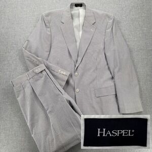 Haspel Seersucker Suit 2pc Stripe Men 43R 37x31 White Blue Cotton Preppy *READ*